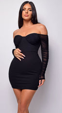 Yasna Black Mesh Ruched Sleeve Mini Dress