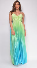 Andora Blue Green Multi Color Pleated Ombre Maxi Dress