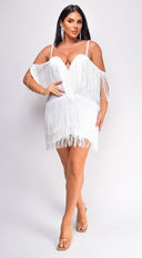 Julie Fringe Off The Shoulder Bandage Dress in White side profile view on model