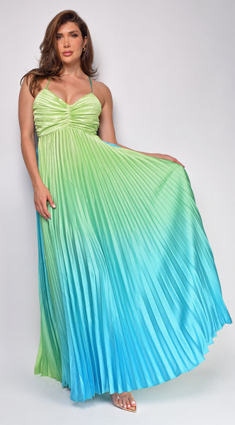 Andora Blue Green Pleated Maxi Dress