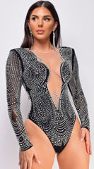 Daphne Black Mesh Rhinestone Bodysuit