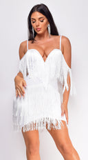 Julie Fringe Off The Shoulder Bandage Dress in White full length front view on model