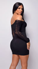 Yasna Black Mesh Ruched Sleeve Mini Dress side profile view on model