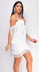 Julie Fringe Off The Shoulder Bandage Dress in White back view on model