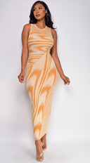 Sofia Abstract Maxi Dress in Orange side profile view on model