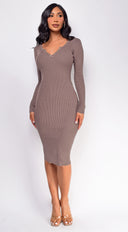 Aura Button Ribbed Midi Dress in Beige side profile view on model