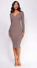 Aura Mocha Beige Button Ribbed Midi Dress