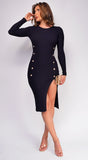 Sophina Black Long Sleeve Ribbed Side Slit Midi Dress