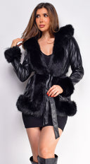 Sasha Black PU Leather Faux Fur Trim Coat full length front view on model