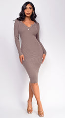 Aura Mocha Beige Button Ribbed Midi Dress