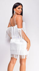Julie Fringe Off The Shoulder Bandage Dress in White close-up of bandage fabric