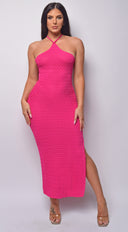 Athenia Fuchsia Pink Crochet Knit Midi Dress side profile view on model