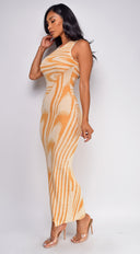 Sofia Abstract Maxi Dress in Orange close-up of fabric and construction
