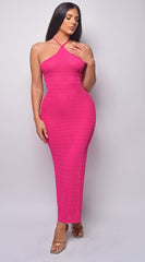 Athenia Fuchsia Pink Crochet Knit Midi Dress