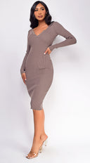Aura Button Ribbed Midi Dress in Beige close-up of ribbed knit texture