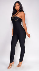 Pamina Black Chain Bandage Jumpsuit side profile view on model