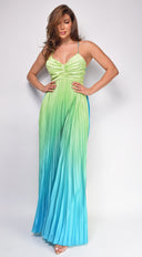 Andora Blue Green Multi Color Pleated Ombre Maxi Dress