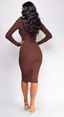 Aura Button Ribbed Midi Dress - Brown