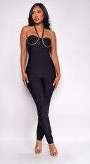 Pamina Black Chain Bandage Jumpsuit full length front view on model