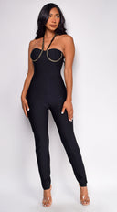Pamina Black Chain Bandage Jumpsuit close-up of bandage fabric