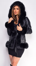 Sasha Black PU Leather Faux Fur Trim Coat side profile view on model