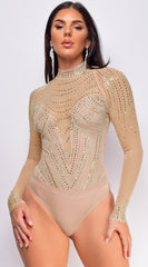 Elodie Beige Mesh Rhinestone Bodysuit