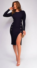 Sophina Black Long Sleeve Ribbed Side Slit Midi Dress