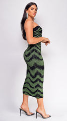 Zemira Green Black Metallic Print Midi Dress