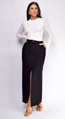 Vivian Black Front Slit Maxi Skirt full length front view on model