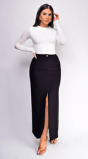 Vivian Black Front Slit Maxi Skirt back view on model