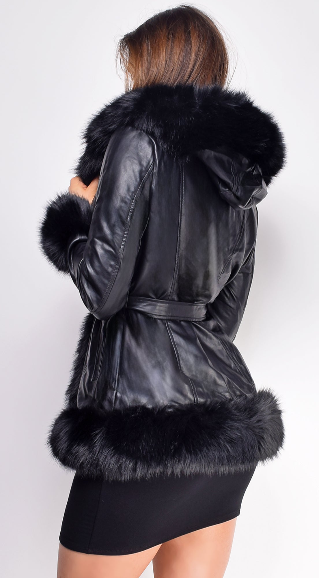 Sasha Black PU Leather Faux Fur Trim Coat – Emprada