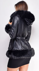 Sasha Black PU Leather Faux Fur Trim Coat close-up of faux leather finish