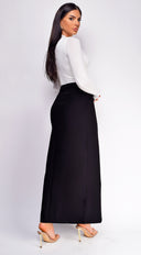 Vivian Black Front Slit Maxi Skirt close-up of side slit