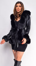 Sasha Black PU Leather Faux Fur Trim Coat back view on model