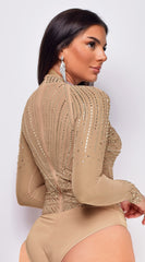 Elodie Beige Mesh Rhinestone Bodysuit