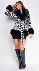 Elizaveta Black Plaid Faux Fur Wool Coat