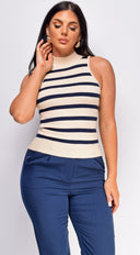 Minerva Beige Navy Blue Striped High Neck Sleeveless Top close-up of striped pattern
