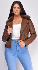 Maine Fur Leather Biker Jacket - Brown