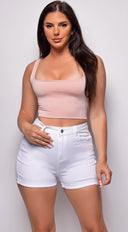 Novalie White High Rise Roll Cuff Shorts on neutral background