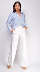 Drew Crinkle Wide Leg Pants in White full length front view on model