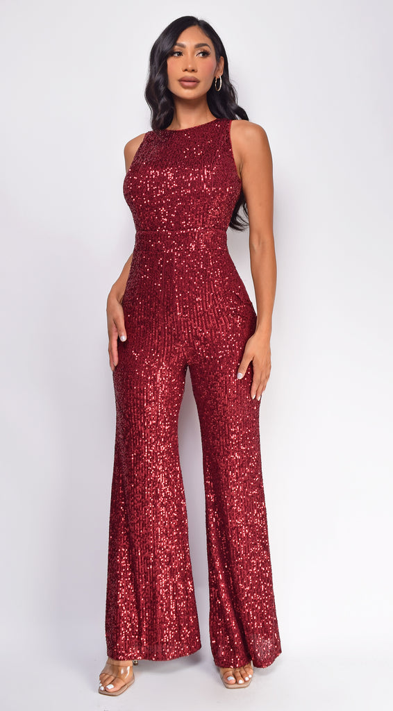 Sol Burgundy Red Sequin Jumpsuit Emprada