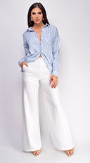 Drew Crinkle Wide Leg Pants in White close-up of fabric and construction