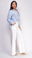 Drew Crinkle Wide Leg Pants in White close-up of neckline and shoulder detail