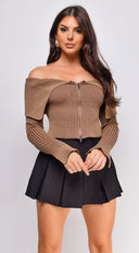 Moxie Off Shoulder Zip Up Sweater Top in Brown side profile view on model
