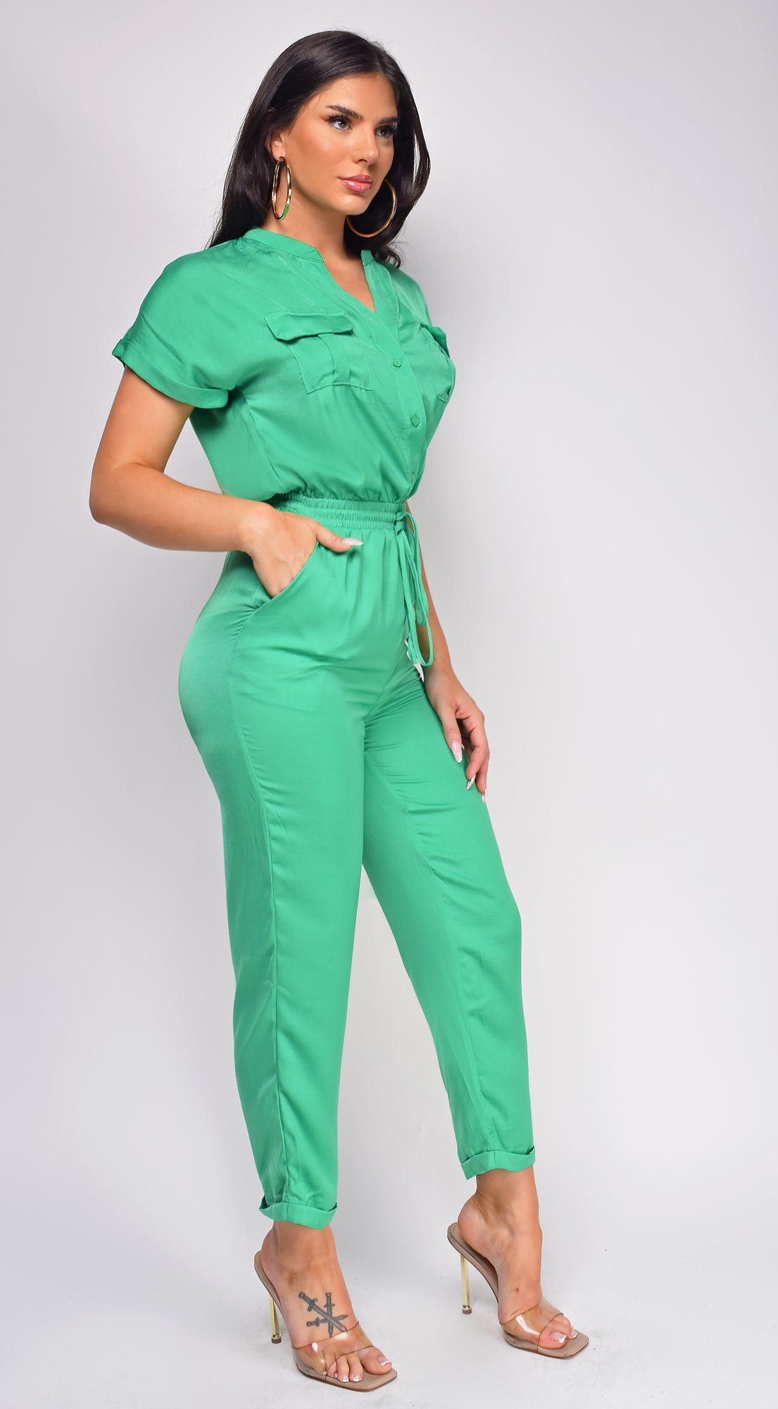 Darya Green Button Up Jumpsuit