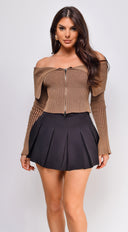 Moxie Off Shoulder Zip Up Sweater Top in Brown full length front view on model