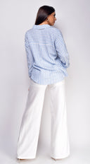 Drew Crinkle Wide Leg Pants in White stitching and texture close-up hemline and silhouette detail