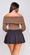 Moxie Off Shoulder Zip Up Sweater Top in Brown back view on model