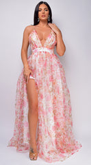 Cairo Pink White Floral Print Maxi Dress