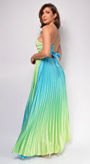 Andora Blue Green Multi Color Pleated Ombre Maxi Dress